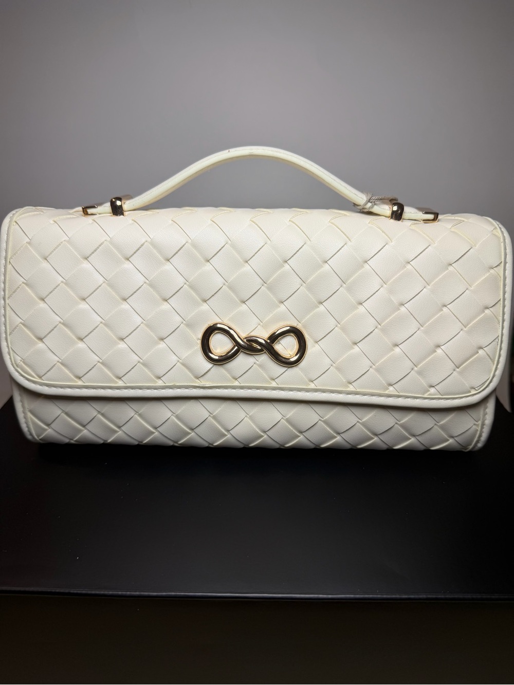 a new day Cream Woven Top-Handle Clutch with Gold Hardware